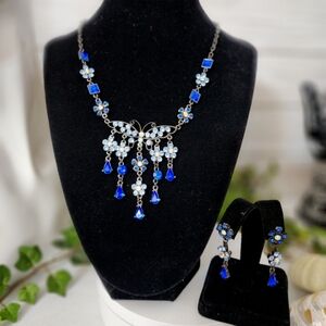 Gunmetal Silver w/ Blue and AB Crystal   Stones Butterfly Necklace Earrings Set